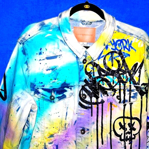 Smoke Rise Graffiti Paint Splatter Denim Jacket L - Picture 3 of 14